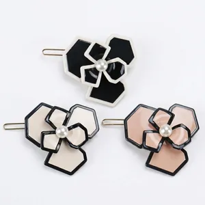 Elegant Camellia Cellulose Acetate Hair Clip For Women Geometric Flower Side Clip With Faux Artificial Pearl Bangs Clip Hairpin