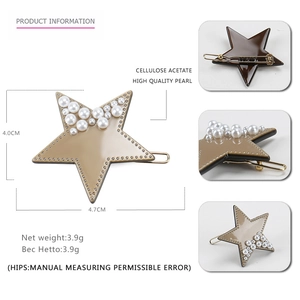 Star-shaped acetate hair clip with white pearls and size dimensions shown on white background