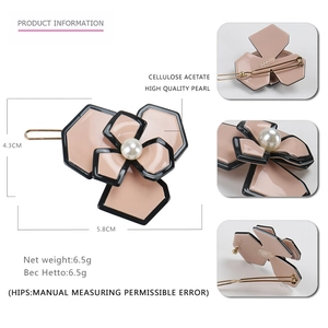 Pink acetate flower hair clip with pearl accent for women, 5.8cm x 4.3cm elegant floral accessory