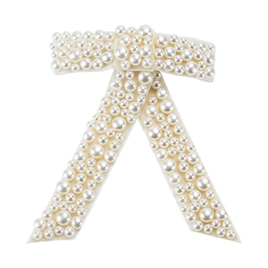 Elegant pearl bow hair clip with white faux pearls and fabric base for women