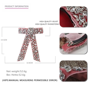 Pink velvet bow hair clip with full rhinestones and spring clamp dimensions info