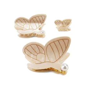 Pince à Cheveux Papillon Style Féerique Français Acétate de Cellulose Künstliche Perle Bord Doré Pince Crabe Élégante pour Femme