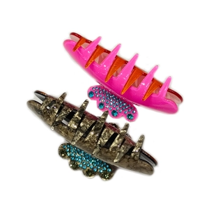 Acetate hair claw clips for women with rhinestones in pink-orange and marble grey finish