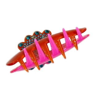 Sparkly pink and orange acetate hair claw clip with blue rhinestones for women