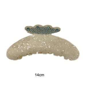 14cm large cream acetic acid hair claw clip with blue rhinestones and pearl texture