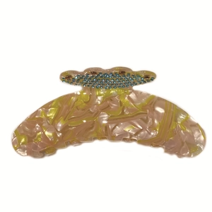 Elegant marble pink and green acetate shark hair claw clip with rhinestones