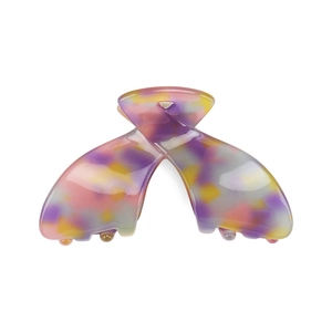 Detail of artistic marble texture claw clip with purple and yellow swirl patterns