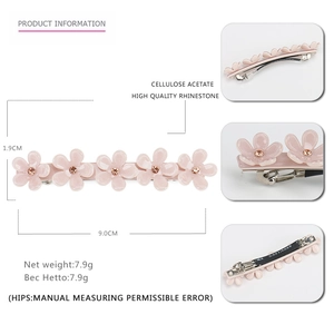 Barrette à cheveux rose en acétate avec fleurs et strass, clip de 9cm pour femmes