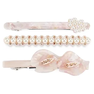 Elegante Koreanische Zelluloseacetat Blumen Haarklammern Blassrosa Marmortextur Künstliche Perle Strass Federclip Süße Haarnadeln Für Den Täglichen Gebrauch Damen Accessoires