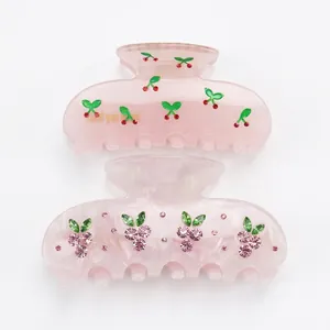 French Cute Acetate Fruit Hair Claw Clip Rhinestone Inlaid Grape Cherry Shark Clip For Women Sweet Hair Accessories Jewelry