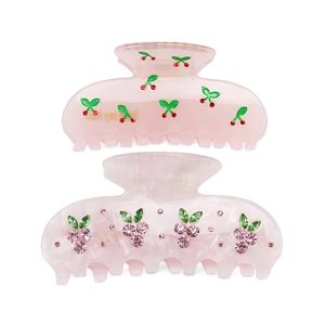 French style cherry and grape rhinestone acetate hair claw clips in pink marble set