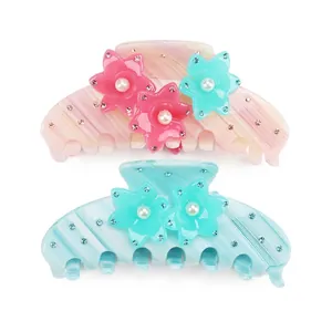 Acetate Flower Hair Claw Clip For Women Striped Large Shark Clip With Rhinestone Artificial Pearl Elegant Fashion Hair Accessories