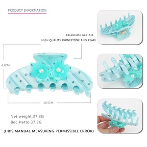 Blue marble acetate hair claw clip with pearl flower rhinestones, 10.5cm large size shark clip