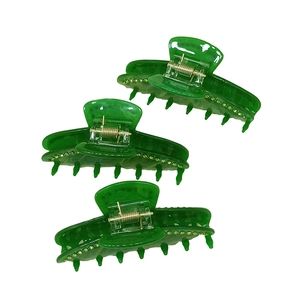Set di tre mollette per capelli in acrilico verde smeraldo con strass scintillanti