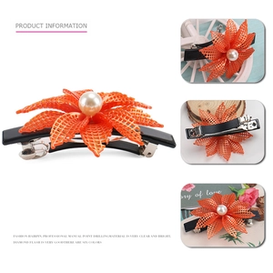 French style acetate hair clip with orange lattice flower and pearl center for women