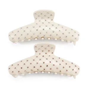 French Vintage Cellulose Acetate Hair Claw Clip Large Grid Pattern Rhinestone Artificial Pearl Shark Clip For Women Hair Accessory
