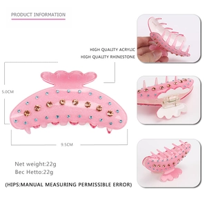 Pince à cheveux en acrylique rose avec strass bleus et détails dorés, 9,5 cm