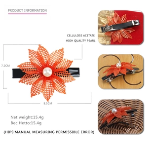 Detailed size and weight specs for orange mesh flower acetate hair clip with pearl