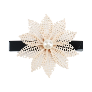 Close-up of beige mesh flower hair clip featuring an elegant center faux pearl detail