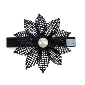 French acetate flax flower hair clip with hollow petals and a large center faux pearl