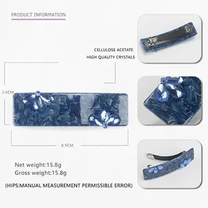 Blue marble acetate hair clip with rhinestones, large spring barrette for women 8.9cm