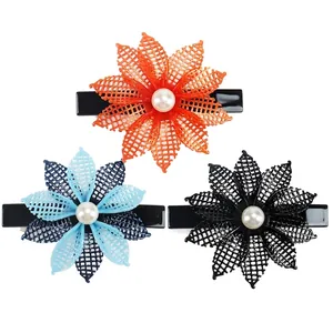 French Vintage Flower Hair Clip For Women Cellulose Acetate Mesh Hollow Spring Clip With Faux Artificial Pearl Elegant Hair Accessory