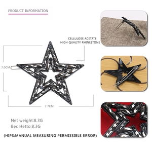 Star-shaped acetate hair clip with grey rhinestones in black finish 7.7x7.0cm