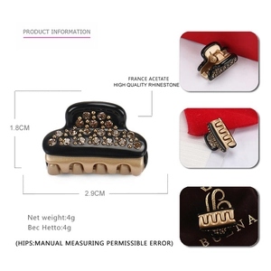 Mini black France acetate hair claw clip with rhinestones, 2.9cm small hair accessory