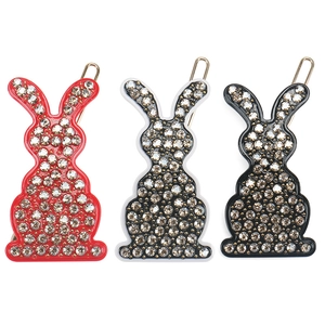 Lot de 3 barrettes lapin en strass rouge, blanc et noir avec base dorée élégante