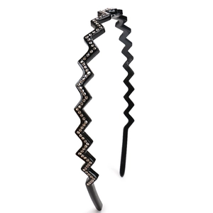 Detail of black wavy acetate headband featuring double rows of sparkling rhinestones
