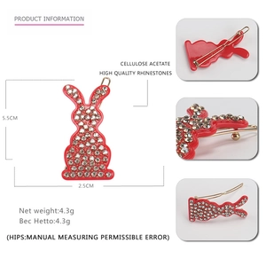 Barrette à cheveux lapin rouge vintage avec strass et finition en acétate, 5,5 cm