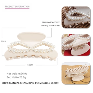 Elegant cellulose acetate hair claw clip with faux pearls and cross design, 9.0cm x 5.0cm