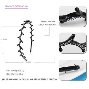 French acetate black wavy headband with Czech rhinestones and non-slip teeth for women