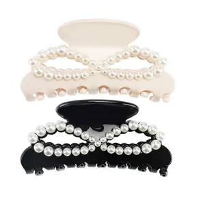 Elegant Acetate Hair Claw Clip With Artificial Pearl Inlaid Vintage French Style Large Shark Clip For Women Hair Bun Accessory
