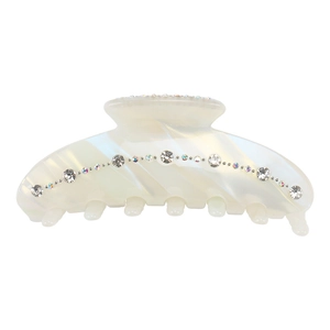 Large acetate shark hair clip in iridescent white with sparkling rhinestone accents