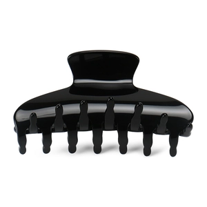 Macro shot of large black glossy acetate hair claw clip with spring and dense teeth