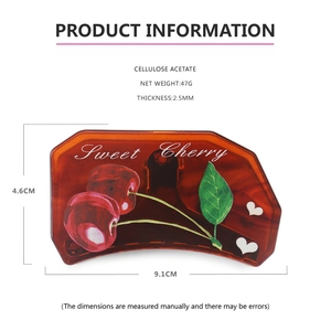 Detailed dimensions of cellulose acetate cherry hair claw clip showing size and material info