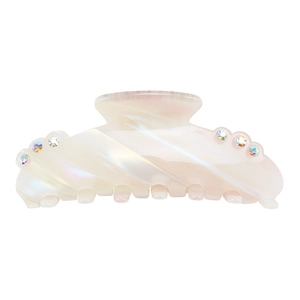 Elegant large acetate shark hair claw clip with pearlescent finish and colorful rhinestones