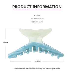 Detailed size specifications of blue acetate fish tail hair claw clip with measurements