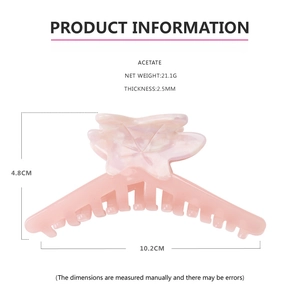 Pink marble acetate hair claw clip specifications showing 10.2cm length and 21.1g weight