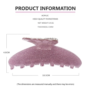 Vue détaillée de la pince à cheveux en acrylique violet avec strass et dimensions