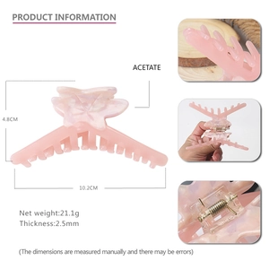 Detailed infographic of 10.2cm pink acetate shark hair claw showing dimensions and clip mechanism