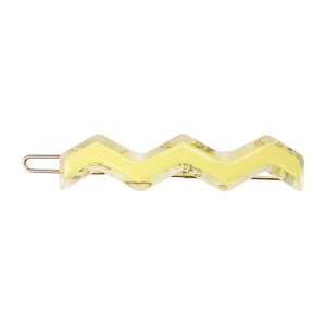Close-up of yellow wavy resin hair clip with durable metal fastener on white background