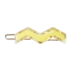 Detailed side view of high-quality yellow acetate wave hair clip with gold metal base