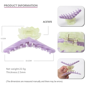 Pince à cheveux élégante en acétate avec fleur de lotus et dimensions détaillées ici