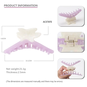 Elegant lavender and white butterfly acetate hair claw clip with size dimensions and details