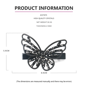 Detailed size specifications of the black acetate butterfly hair clip with crystals