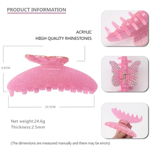 Pince à cheveux papillon en acrylique rose pailleté avec strass et dimensions