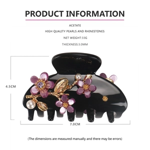 Detailed size and specs of black acetate flower hair claw with pearl and rhinestone details