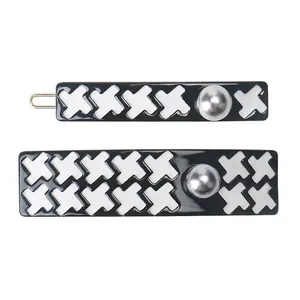 French Vintage Acetate Houndstooth Hair Clip For Women Geometric Cross Pattern Hair Barrette With Faux Artificial Pearl Hair Accessory